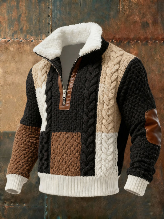 Men's Retro Knitted Pattern Print Casual Fur Collar Pullover