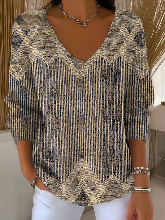 Women's Vintage Geometric Print V-Neck Tops