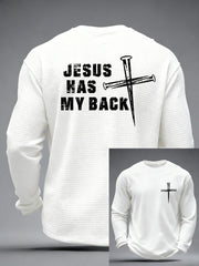 Men's Jesus Has My Back Cross Faith Print Casual Waffle Long Sleeve T-Shirt