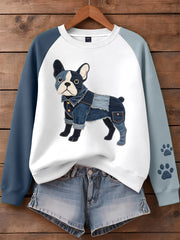 Women's Denim Patchwork Art French Bulldog Pattern Sweatshirt