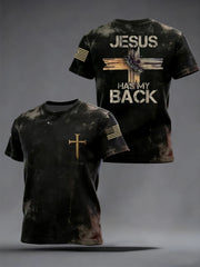 Men's Retro Jesus Has My Back Cross Faith USA Flag Print Casual Tee