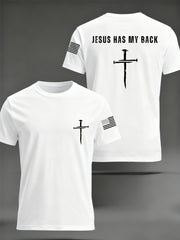 Men's Retro Jesus Has My Back Cross Faith USA Flag Print Casual Tee