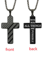 Unisex American Flag Cross WIth God All Things Are Possible Stainless Steel Necklace