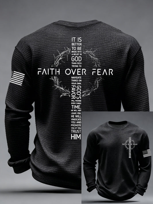 Men's Faith Over Fear Print Casual Waffle Long Sleeve T-Shirt