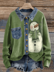 Women's Vintage Christmas Snowman Denim Lapel Button Sweater