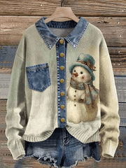 Women's Vintage Christmas Snowman Denim Lapel Button Sweater