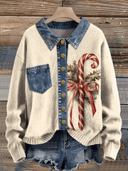 Women's Vintage Christmas Denim Lapel Button Sweater
