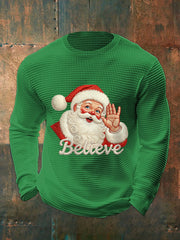 Men's Christmas Believe Santa Claus Print Casual Waffle Long Sleeve Top