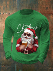 Men's Merry Christmas Santa Claus Print Casual Waffle Long Sleeve Top
