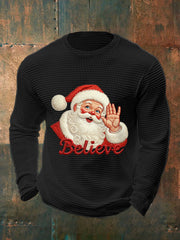 Men's Christmas Believe Santa Claus Print Casual Waffle Long Sleeve Top