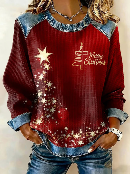 Women's Christmas Print Waffle Sweatshirt