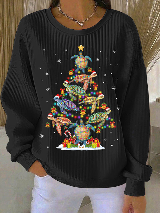 Women's Sea Turtle Christmas Tree Ribbed Round-Neck Sweatshirt