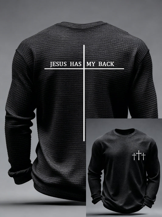 Men's Jesus Has My Back Cross Faith Print Casual Waffle Long Sleeve T-Shirt