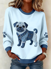 Women's Lovely Pug Dog Denim Patchwork Pattern Sweatshirt