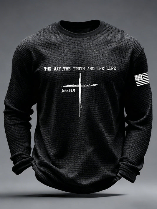 Men's Jesus The Way The Truth The Life John 14:6 Christian Cross Waffle Long Sleeve T-Shirt