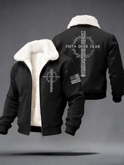 Men's Faith Over Fear Print Casual Plush Zipper Jacket