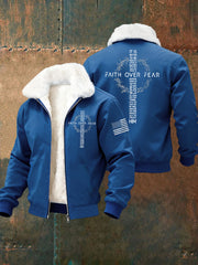 Men's Faith Over Fear Print Casual Plush Zipper Jacket