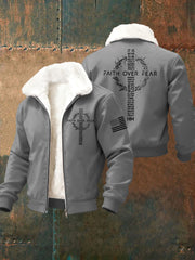 Men's Faith Over Fear Print Casual Plush Zipper Jacket
