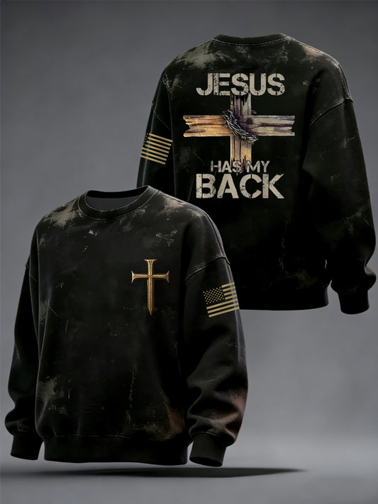 Men's Retro Jesus Has My Back Cross Faith USA Flag Print Casual Sweatshirt