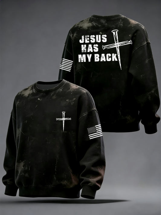 Men's Retro Jesus Has My Back Cross Faith USA Flag Print Casual Sweatshirt