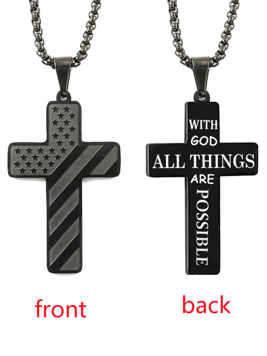 Unisex American Flag Cross WIth God All Things Are Possible Stainless Steel Necklace